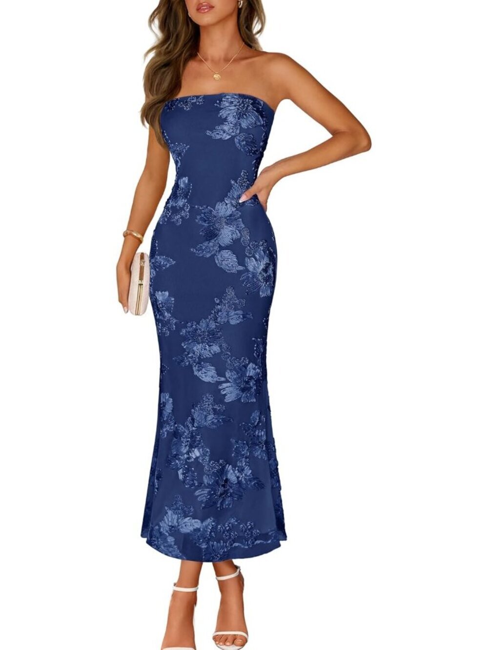 Women's Floral Strapless Maxi Dress Navy Summer Mesh Bodycon Formal Dress